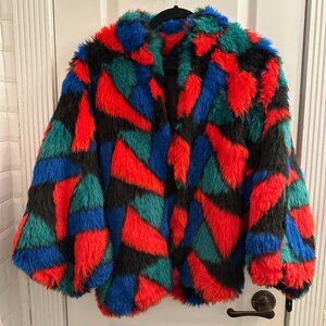 Vintage Faux Fur Multicolored Colorblock Jacket